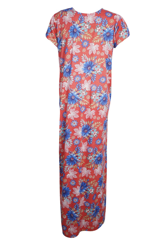 Maxi Dress, Nightgown, Red Blue Floral Printed Bohmian L