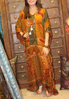 Maxi Beach Kaftan Dress, Recycle sari Gray Red Caftan XL