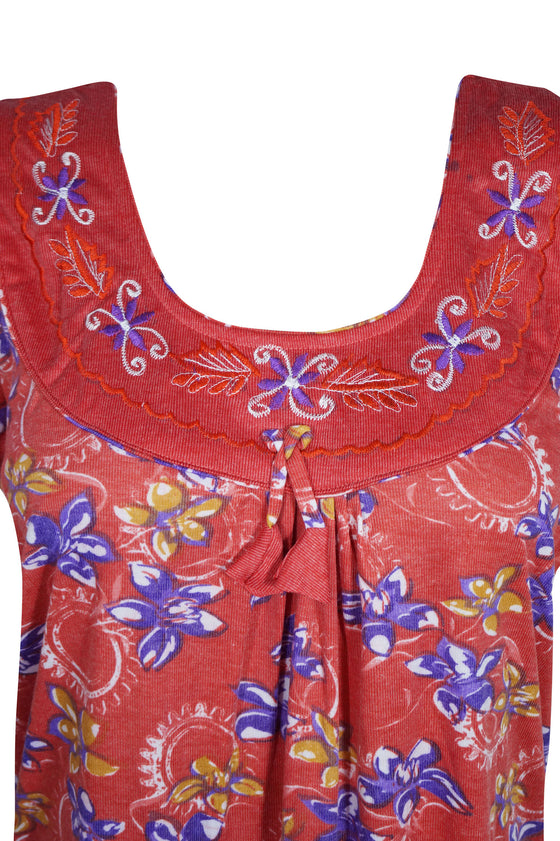 Maxi Dress, Red Floral Printed Sleepwear, Loose Caftan L