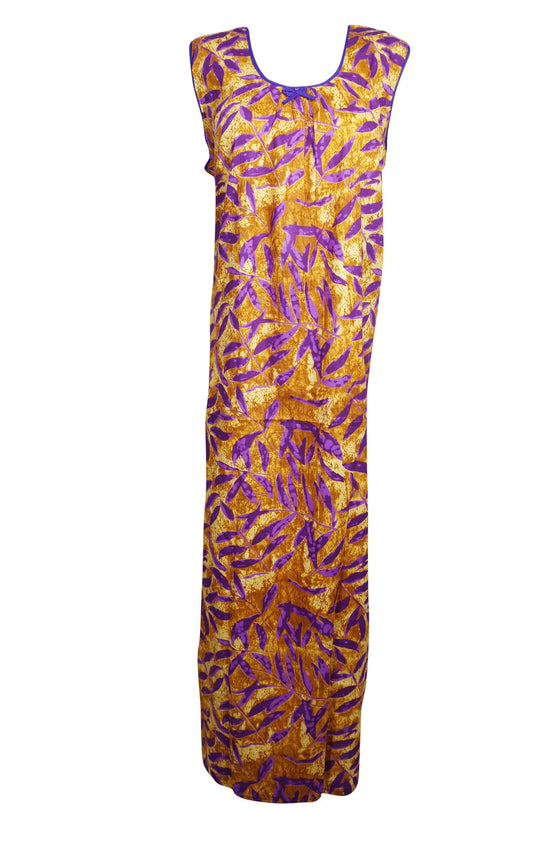Womans Nightgown Caftan Dress, Sleeveless, Lounger, Purple Yellow Cotton Nighty L