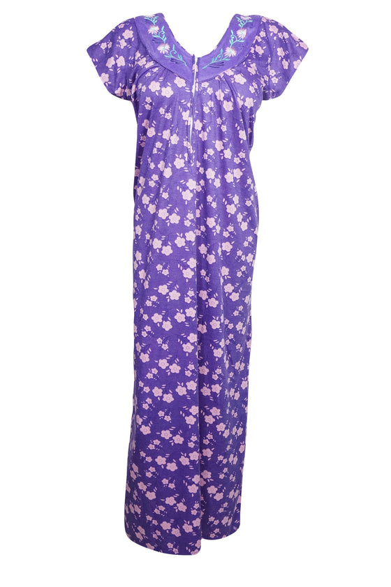 Nightgown Kaftan, Purple Bergenia Floral Print Nightdress, Maxi M