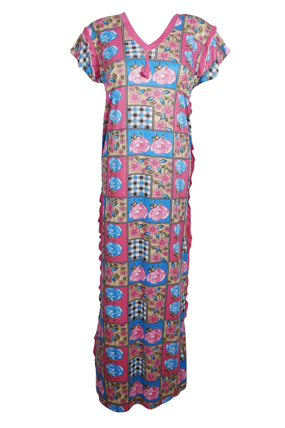 Maxi Dress, Lounger, Boho Rose Flower Pink Blue L