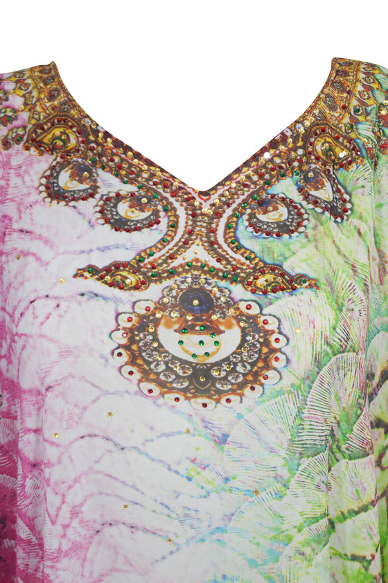 Kaftan Dress, Peacock Print Pink Dresses, Loose Beach size