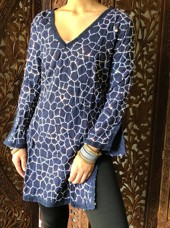 Tunic Dress Midnight Blue Sequin Embroidered cotton Summer S