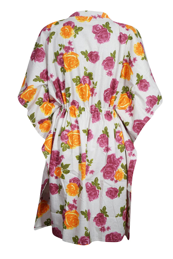 Boho Muumuu Kaftan Dress, White Pink Rose Printed L-3XL