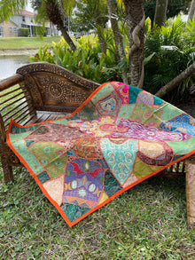  Orange and Green Indian Tapestry – Bohemian Wall Hanging & Vintage-Inspired Decor