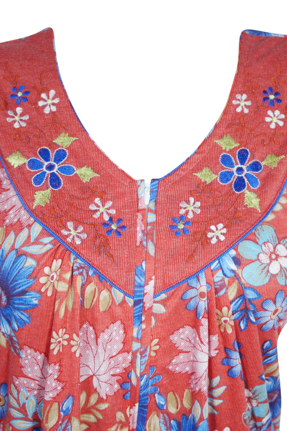 Maxi Dress, Nightgown, Red Blue Floral Printed Bohmian L