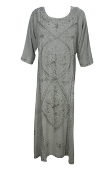  GRAY Bohemian Summer Maxi Dress Floral Embroidered Long Sleeves XL