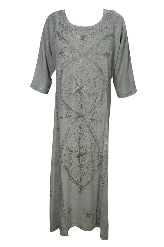 GRAY Bohemian Summer Maxi Dress Floral Embroidered Long Sleeves XL
