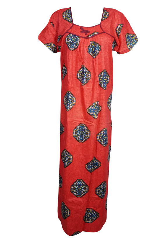 Maxi Dress, Nightgown, Red Blue Floral Printed Dress, L