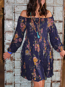  Floral Dresses, Blue Printed, Fit Flare OFF SHOULDER L