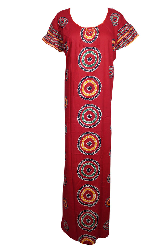 Red Cotton Maxi Dress, Kaftan, Short Sleeves Printed L
