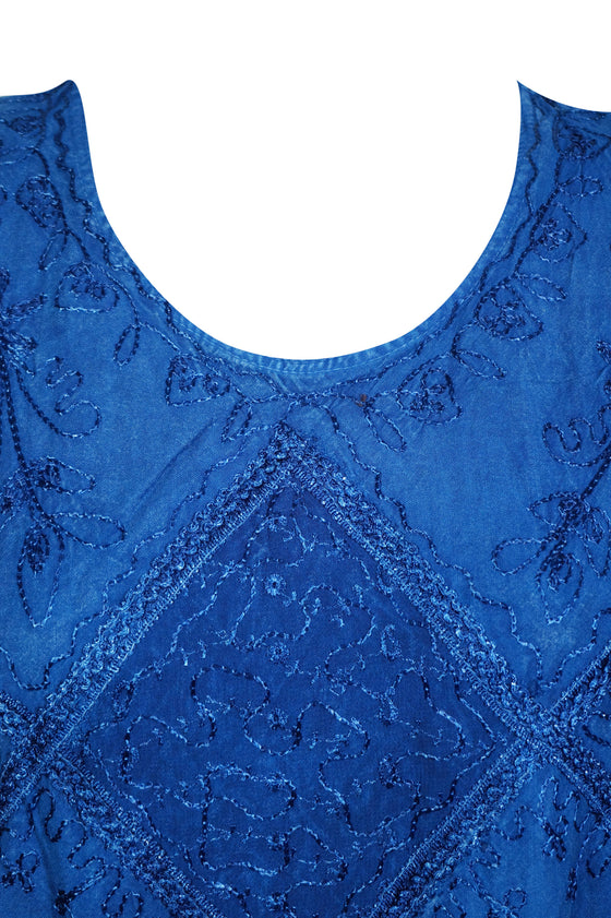 Tunic Dress, Blue Shirt Dress, Floral Embroidered Summer M