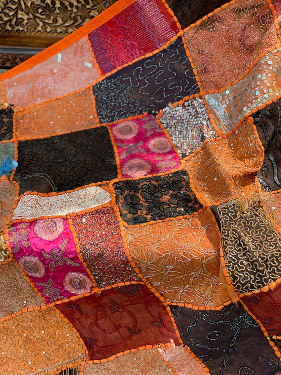 Indian Orange Wall Hanging Tapestry Embroidery Sequins Sari Patchwork