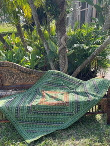  "Vintage Green Indian Tapestry – Antique Hand-Embroidered Textile with Intricate Handwork