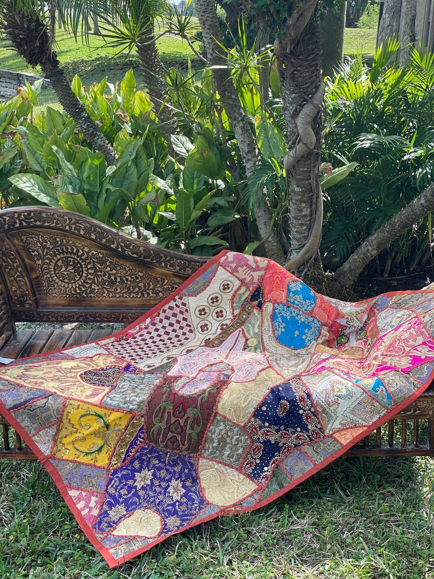 Indian Sherbet Orange Wall Hanging Tapestry Embroidery Sequins Sari