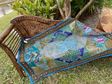  Blue Hues Sari Tapestry Wall Hanging Vintage Beaded Textile