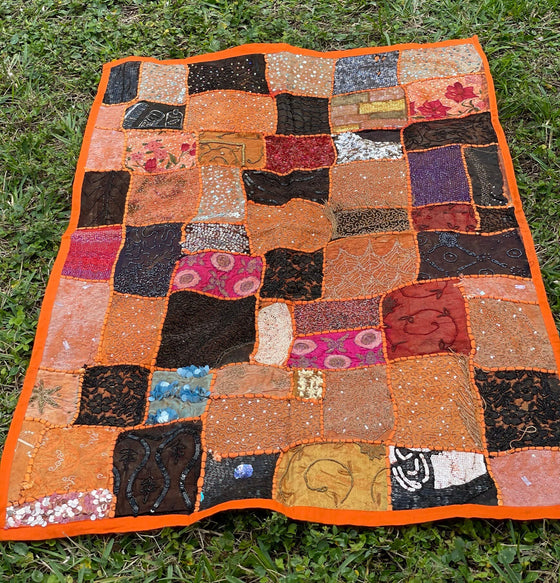 Indian Orange Wall Hanging Tapestry Embroidery Sequins Sari Patchwork