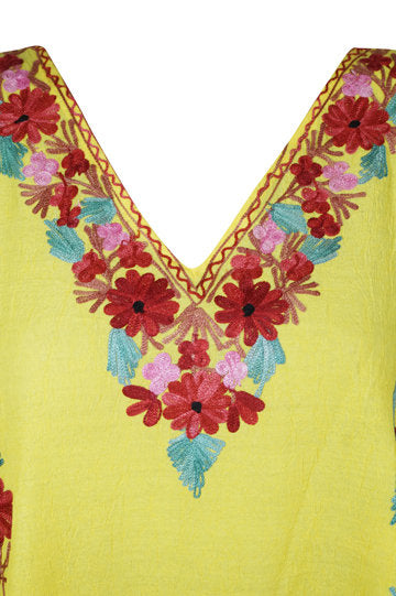 Embellished Floral Short Caftan Yellow Lounger Cover L-3XL