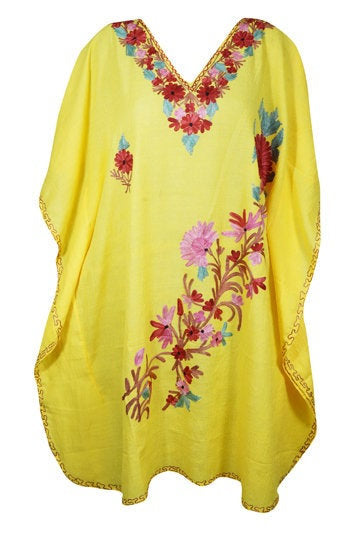 Embellished Floral Short Caftan Yellow Lounger Cover L-3XL