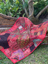 Vintage SARI TAPESTRY, Red Rhapsody Hand Embroidered Patchwork Wall
