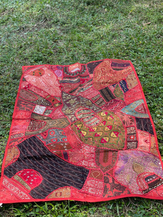 Vintage SARI TAPESTRY, Red Rhapsody Hand Embroidered Patchwork Wall