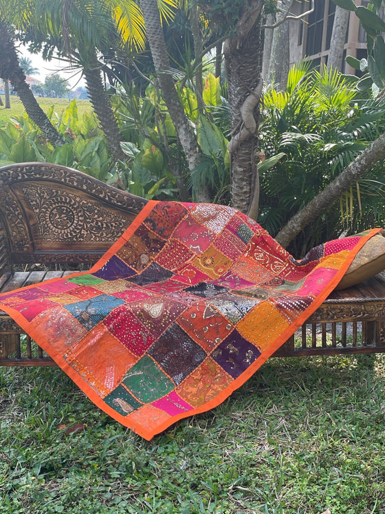 Indian Tapestry Wall Hanging Sari Tapestry Orange Pink Embroidery