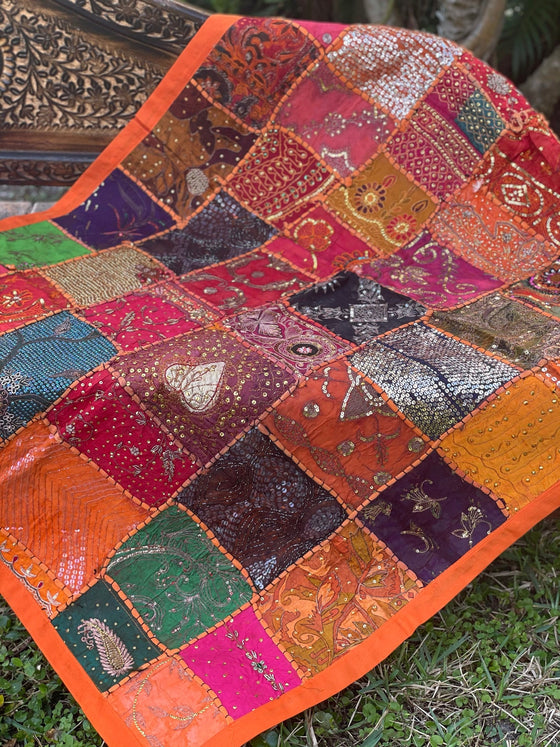 Indian Tapestry Wall Hanging Sari Tapestry Orange Pink Embroidery