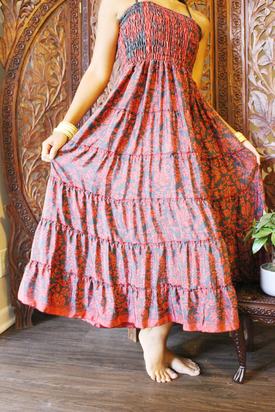 Maxi Skirt, Strapless Dresses Green Purple Floral Printed S/M