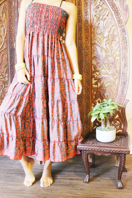 Maxi Skirt, Strapless Dresses Green Purple Floral Printed S/M