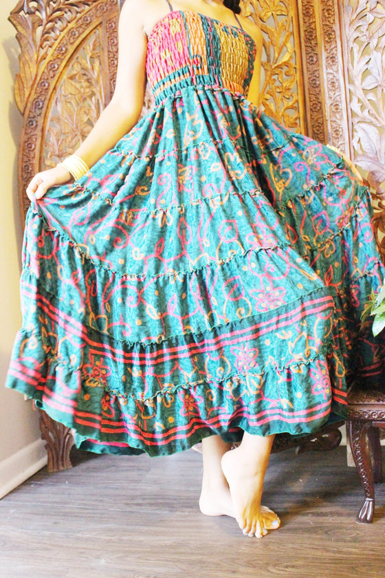 Maxi Skirt, Strapless Dresses Green Purple Floral Printed S/M