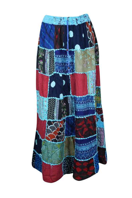 Patchwork Long Skirt, Bohemian Gypsy Chic Blue Printed S/M