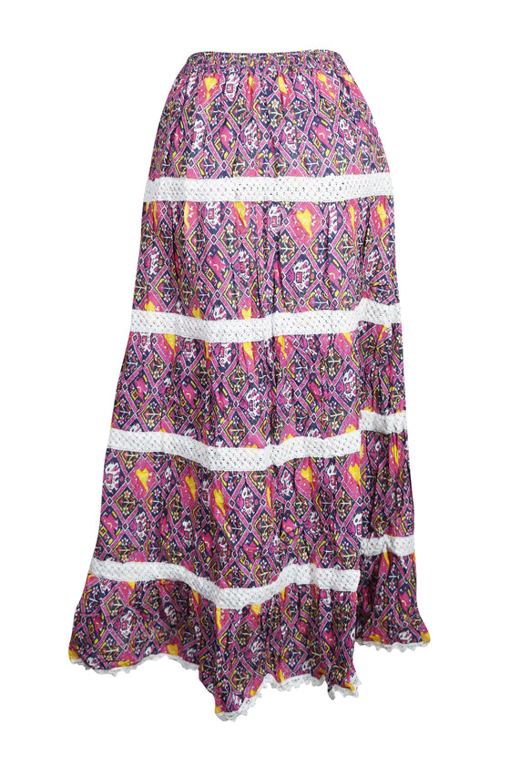 Bohemian Boho Chic Maxi Skirt, Pink Blue Printed S/M