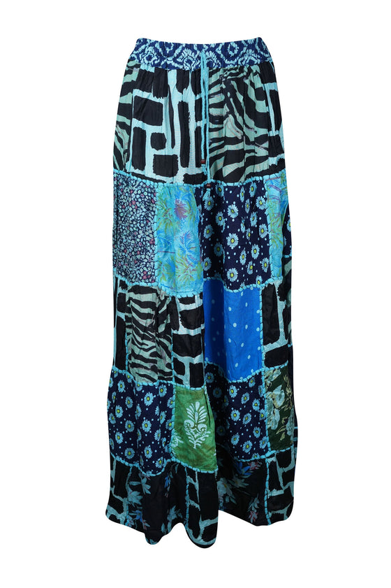 Maxi Skirt, Blue Summer Skirt, Gujarati Patchwork Handmade S/M