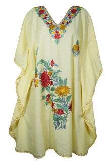  Floral Caftan Dress, Buttermilk Embroidered Resort Wear L-3XL