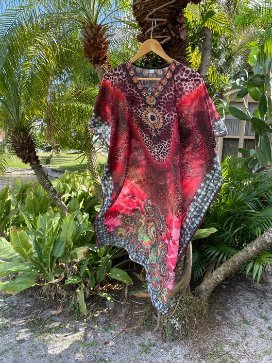 Kaftan Maxi Dress Red Pink Bohemian Kaftan, Printed 5X