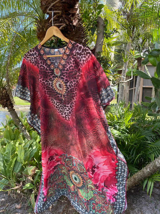Kaftan Maxi Dress Red Pink Bohemian Kaftan, Printed 5X