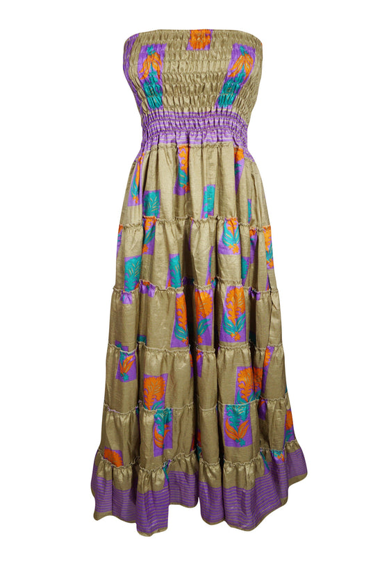 Maxi Skirt, Strapless Dresses Green Purple Floral Printed S/M