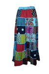Patchwork Long Skirt, Bohemian Gypsy Chic Blue Printed S/M