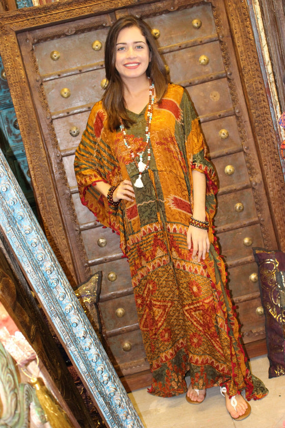 Flowy Kimono Kaftan, Recycle Silk Maxi Dresses, Boho Retro Caftan, Orange XL