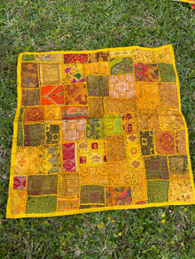  Vintage SARI TAPESTRY, SQUARE yellow Hand Embroidered Patchwork Wall