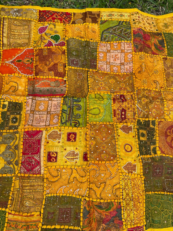 Vintage SARI TAPESTRY, SQUARE yellow Hand Embroidered Patchwork Wall