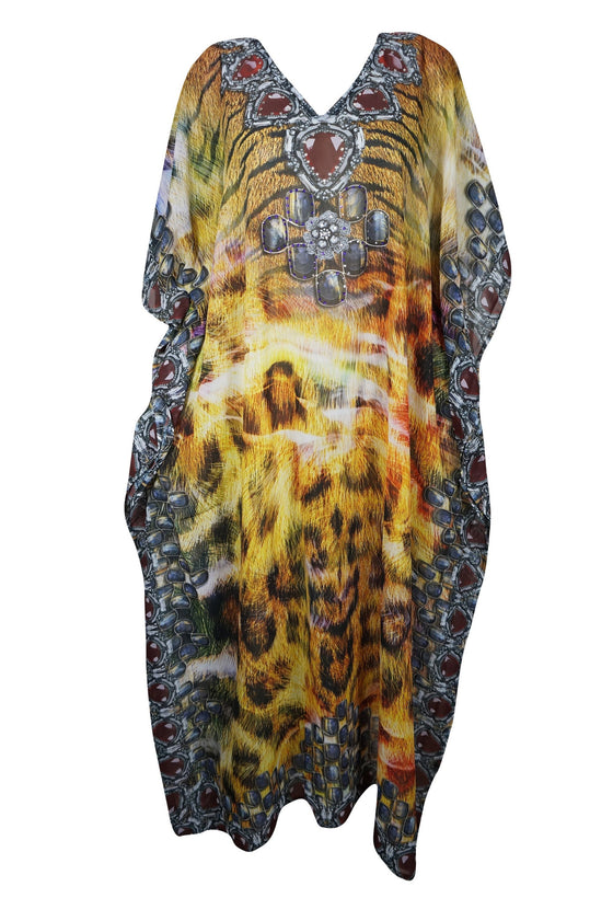 Yellow Caftan Beach Maxi Dress, Bohemian Kaftan Sheer Georgette Cruise Dresses 3XL