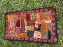  Vintage SARI TAPESTRY, Orange Maroon Hand Embroidered Beaded Patchwork