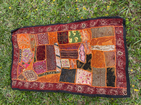Vintage SARI TAPESTRY, Orange Maroon Hand Embroidered Beaded Patchwork