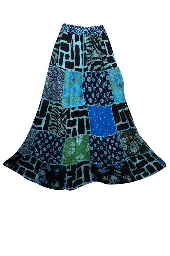 Maxi Skirt, Blue Summer Skirt, Gujarati Patchwork Handmade S/M