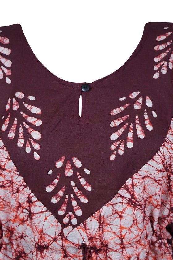 Caftan Maxi Dress, Cotton Kaftan Dress, Maroon Batik Housedresses L-3XL