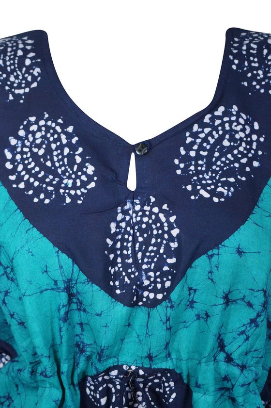 Caftan Maxi Dresses, Boho Kaftan Dress, Turquoise Batik Housedress L-3XL