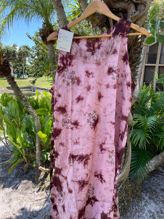 Tie-Dye Tank Dress, Shift Dress Pink Brown Embroidered M