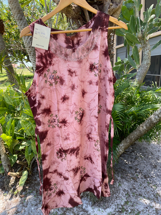 Tie-Dye Tank Dress, Shift Dress Pink Brown Embroidered M
